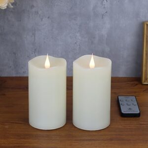 techlong flameless candles with remote timer, 3d moving flickering flame battery operated candles lasting 1000+ hours, 3" x 5" ivory real wax electric led pillar candles, set of 2