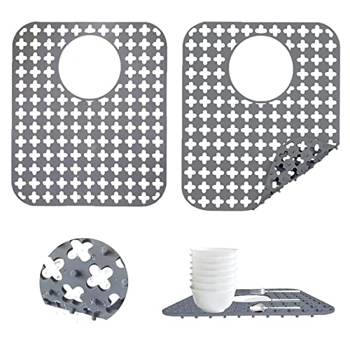 Kitchen Sink Silicone Protector Mat: 2 PCS Sink Mats for Rear Drain Hole, Folding Non-slip Support Grid Sink Mat for Bottom of Stainless Steel Porcelain Sink Protectors Mat 13.8'' x 11.8''