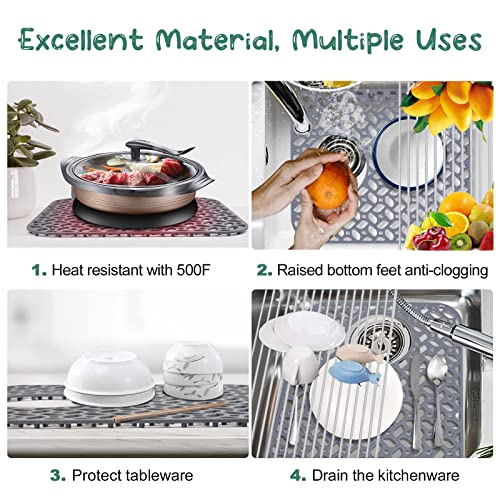 Kitchen Sink Silicone Protector Mat: 2 PCS Sink Mats for Rear Drain Hole, Folding Non-slip Support Grid Sink Mat for Bottom of Stainless Steel Porcelain Sink Protectors Mat 13.8'' x 11.8''