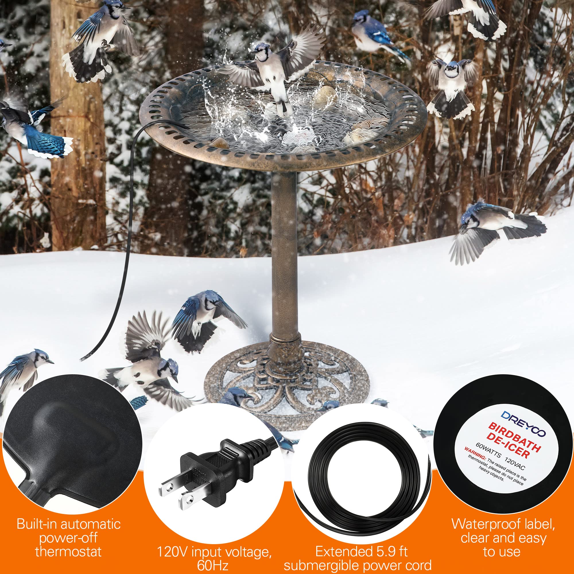 Bird Bath De Icer, 60w Submergible Utility De Icer, Thermostatic Controlled Winter Water Heater Deicer for Bird, Chicken, Duck, Farm Trough, Design Patent Product