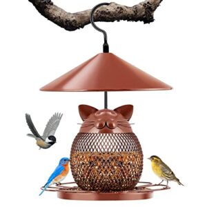 bird feeder, metal wild bird feeders with baffle and cute cat cover for outside 2lb seeds bird feeder hanging outdoor easy cleaning and filling best decorations for family