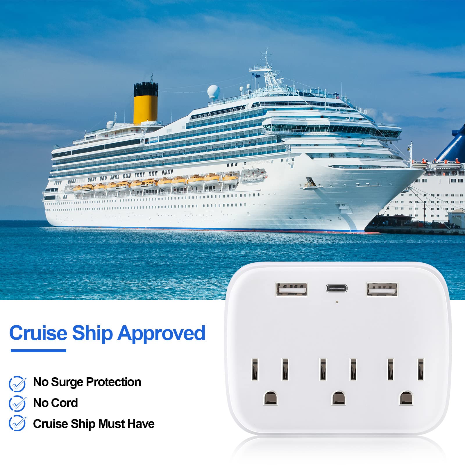 2 Pieces Cruise Essentials Cruise Power Strip Non Surge Protection with USB Ports Travel Adapter Approved for Cruise Ship (White)