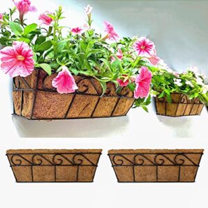 lalagreen wall planters - 16 inch, 2 pack window flower boxes basket attach to house, deck railing planters with coco liners outdoor balcony, metal english horse troughs fence patio porch over rail