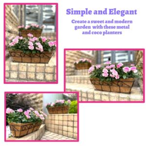 LaLaGreen Wall Planters - 16 Inch, 2 Pack Window Flower Boxes Basket Attach to House, Deck Railing Planters with Coco Liners Outdoor Balcony, Metal English Horse Troughs Fence Patio Porch Over Rail