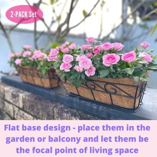 LaLaGreen Wall Planters - 16 Inch, 2 Pack Window Flower Boxes Basket Attach to House, Deck Railing Planters with Coco Liners Outdoor Balcony, Metal English Horse Troughs Fence Patio Porch Over Rail