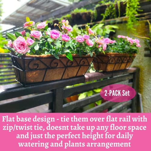 LaLaGreen Wall Planters - 16 Inch, 2 Pack Window Flower Boxes Basket Attach to House, Deck Railing Planters with Coco Liners Outdoor Balcony, Metal English Horse Troughs Fence Patio Porch Over Rail