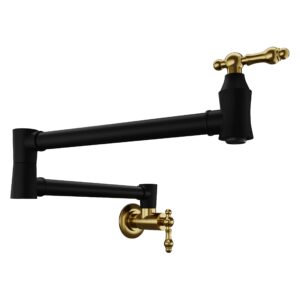 anzzi wall mount pot filler faucet, double joint swing arms, single hole, solid brass interior, stainless steel finish, matte black & brushed gold, 2 handle (kf-az259mbbg)
