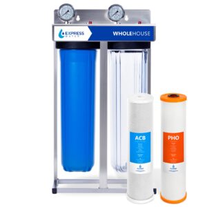 express water whole house water filter, 2 stage home water filtration system, polyphosphate anti-scale, carbon filters includes pressure gauges, easy release, and 1 inch connections