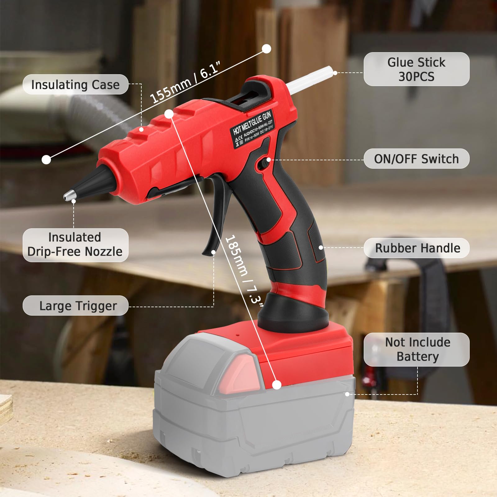 Cordless Hot Glue Gun for Milwaukee 18V M18 Battery, Hot Glue Gun Kit for Milwaukee Tools in Crafting, Wood, PVC, Glass, Home Repair with 30 Pcs 0.27 * 5.9 inch Hot Glue Sticks (Battery Not Included)