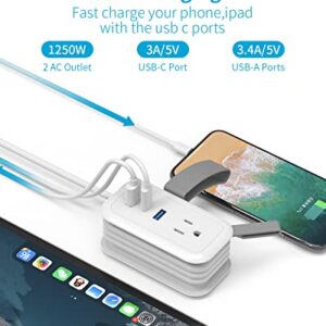 Travel Power Strip with USB, HAFINO 3.9 FT Wrapped Extension Cord Flat Plug with 2 Outlets 3 USB (1 USB C), Small Power Strip No Surge Protector for Cruise Ship Hotel Home Office,White