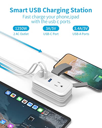 Travel Power Strip with USB, HAFINO 3.9 FT Wrapped Extension Cord Flat Plug with 2 Outlets 3 USB (1 USB C), Small Power Strip No Surge Protector for Cruise Ship Hotel Home Office,White