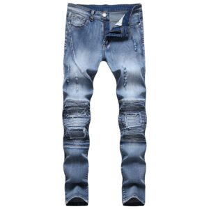 mens distressed skinny biker jeans straight ripped hip hop moto denim pants classic slim fit holes stretchy jean (blue,38)