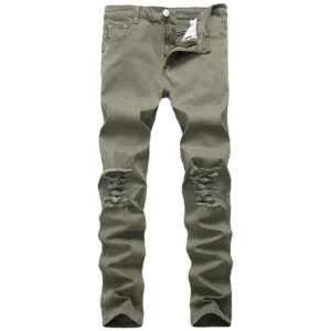 men's ripped slim tapered leg jeans knee holes hip hop denim pencil pants skinny destroyed stretch jean trousers (armygreen,35)