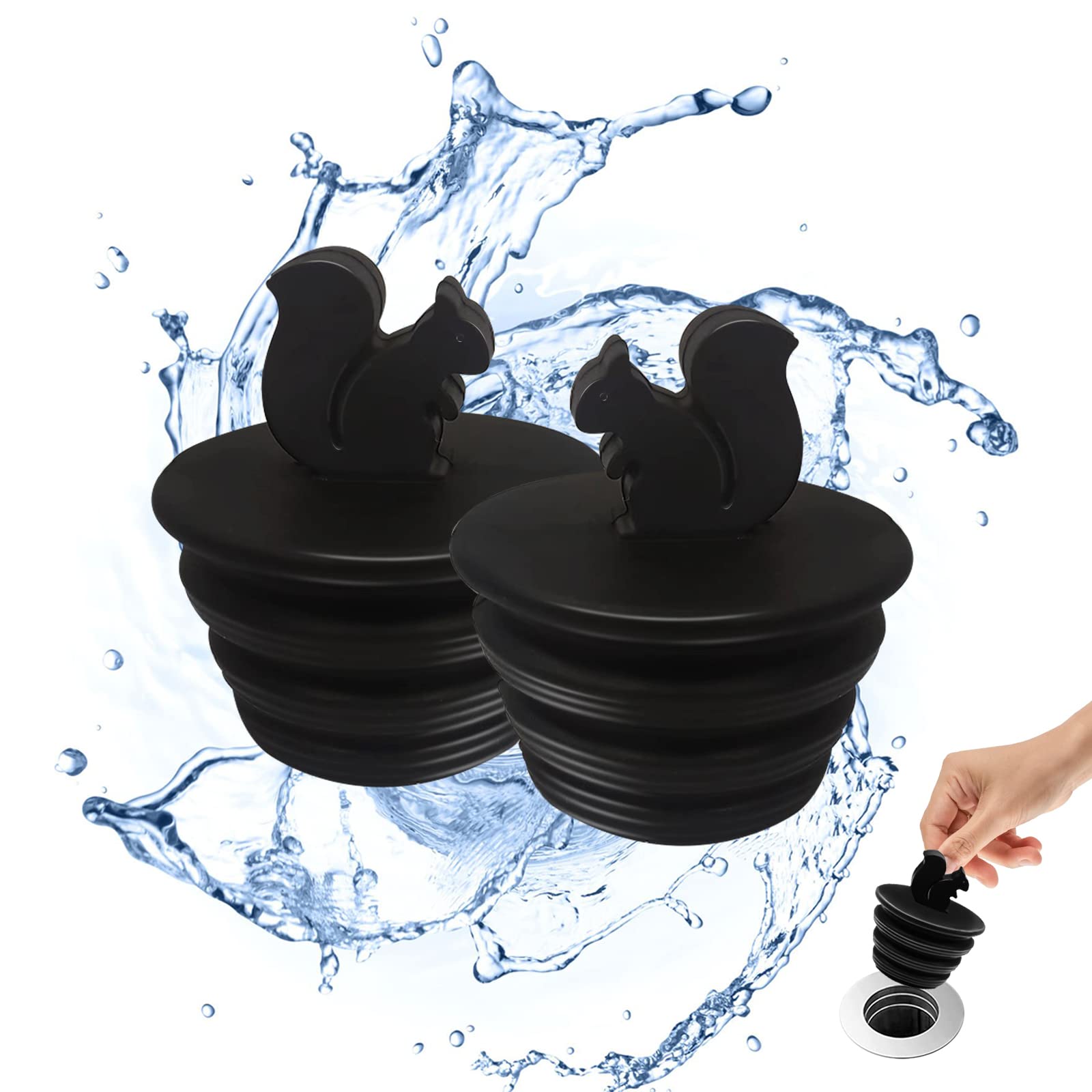 Bathtub Stopper, 2 Pack Universal Bathtub Plug Silicone Bathtub Stopper Bathtub Drain Stopper Plug Tub Stopper for Kitchen Bathtub and Bathroom Sink Drains, Black Plug Cute Squirrel Shape, 2 Count