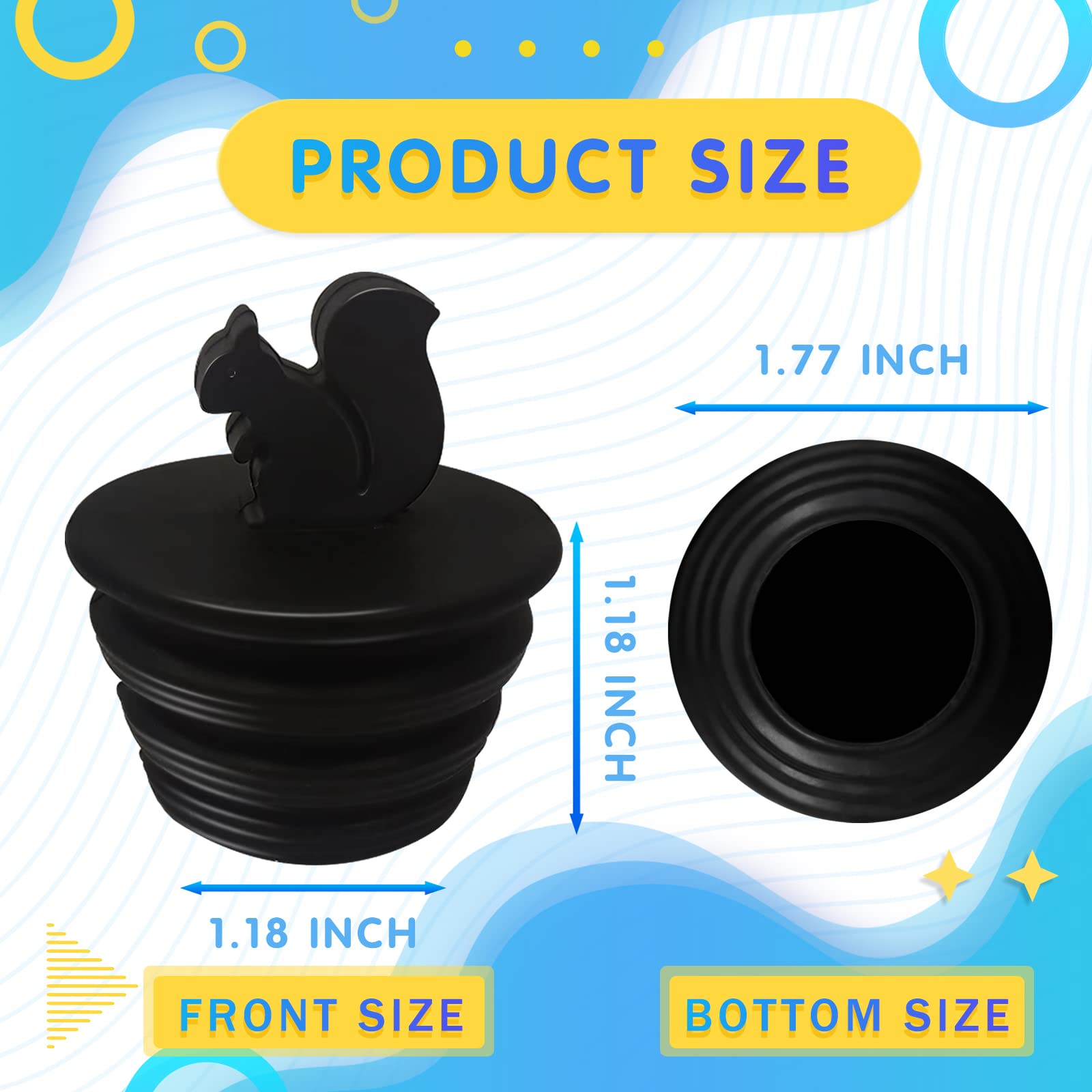 Bathtub Stopper, 2 Pack Universal Bathtub Plug Silicone Bathtub Stopper Bathtub Drain Stopper Plug Tub Stopper for Kitchen Bathtub and Bathroom Sink Drains, Black Plug Cute Squirrel Shape, 2 Count