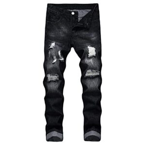 men's ripped washed slim fit jeans straight leg moto biker denim pants vintage distressed skinny jean trousers (black,40)
