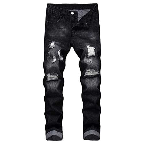 Men's Ripped Washed Slim Fit Jeans Straight Leg Moto Biker Denim Pants Vintage Distressed Skinny Jean Trousers (Black,40)