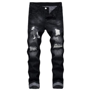 men's ripped washed slim fit jeans straight leg moto biker denim pants vintage distressed skinny jean trousers (black,32)