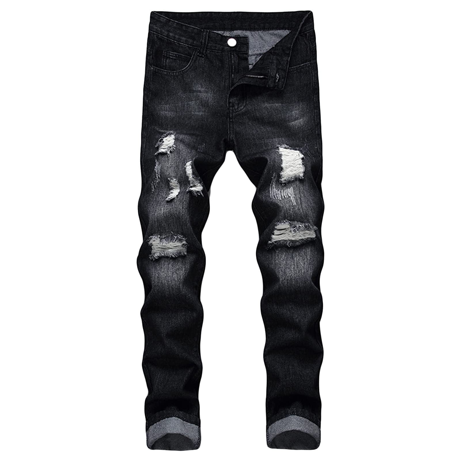 Men's Ripped Washed Slim Fit Jeans Straight Leg Moto Biker Denim Pants Vintage Distressed Skinny Jean Trousers (Black,32)