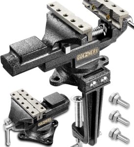 dual-purpose bench vise 3.3”, 360° swivel clamp-on table vise with heavy duty forged steel construction, grooved jaw, portable vice for workbench, woodworking, home workshop and diy jobs