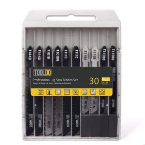 tooldo jigsaw blades set 30 piece, assorted professional jig saw blades for t-shank,wood and metal cutting, replacement saw blade for dewalt, bosch,milwaukee, makita,ryobi and rockwell jig saws