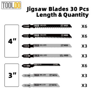 TOOLDO Jigsaw Blades Set 30 Piece, Assorted Professional Jig Saw Blades for T-Shank,Wood and Metal Cutting, Replacement Saw Blade for Dewalt, Bosch,Milwaukee, Makita,Ryobi and Rockwell Jig Saws