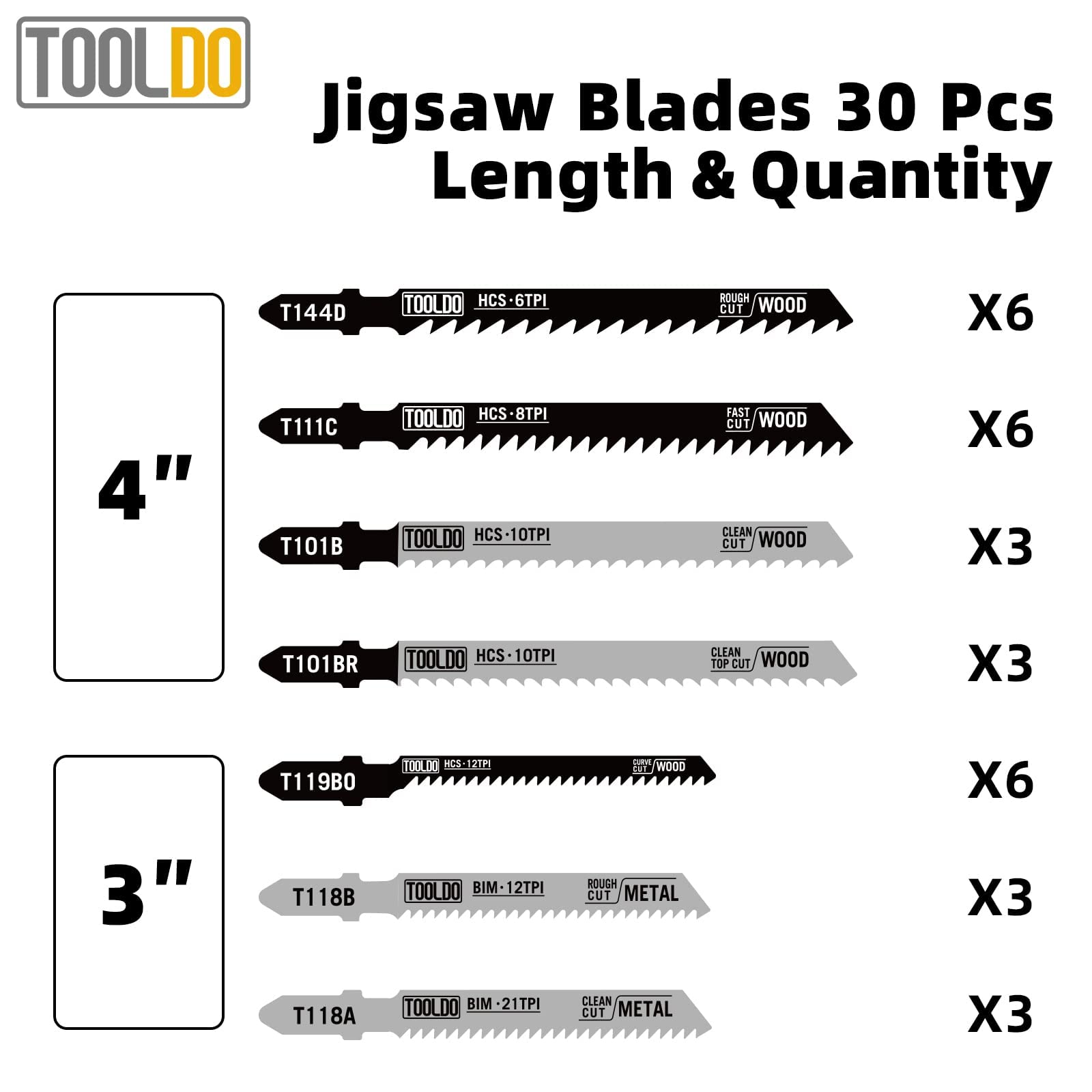 TOOLDO Jigsaw Blades Set 30 Piece, Assorted Professional Jig Saw Blades for T-Shank,Wood and Metal Cutting, Replacement Saw Blade for Dewalt, Bosch,Milwaukee, Makita,Ryobi and Rockwell Jig Saws