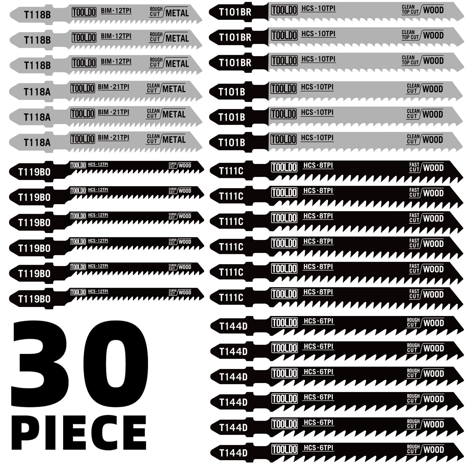 TOOLDO Jigsaw Blades Set 30 Piece, Assorted Professional Jig Saw Blades for T-Shank,Wood and Metal Cutting, Replacement Saw Blade for Dewalt, Bosch,Milwaukee, Makita,Ryobi and Rockwell Jig Saws