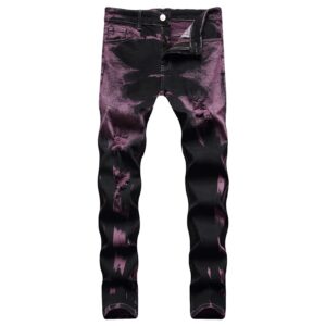 men's retro ripped slim jeans regular fit destroyed distressed jean vintage straight stretch printed denim pants (purple,28)