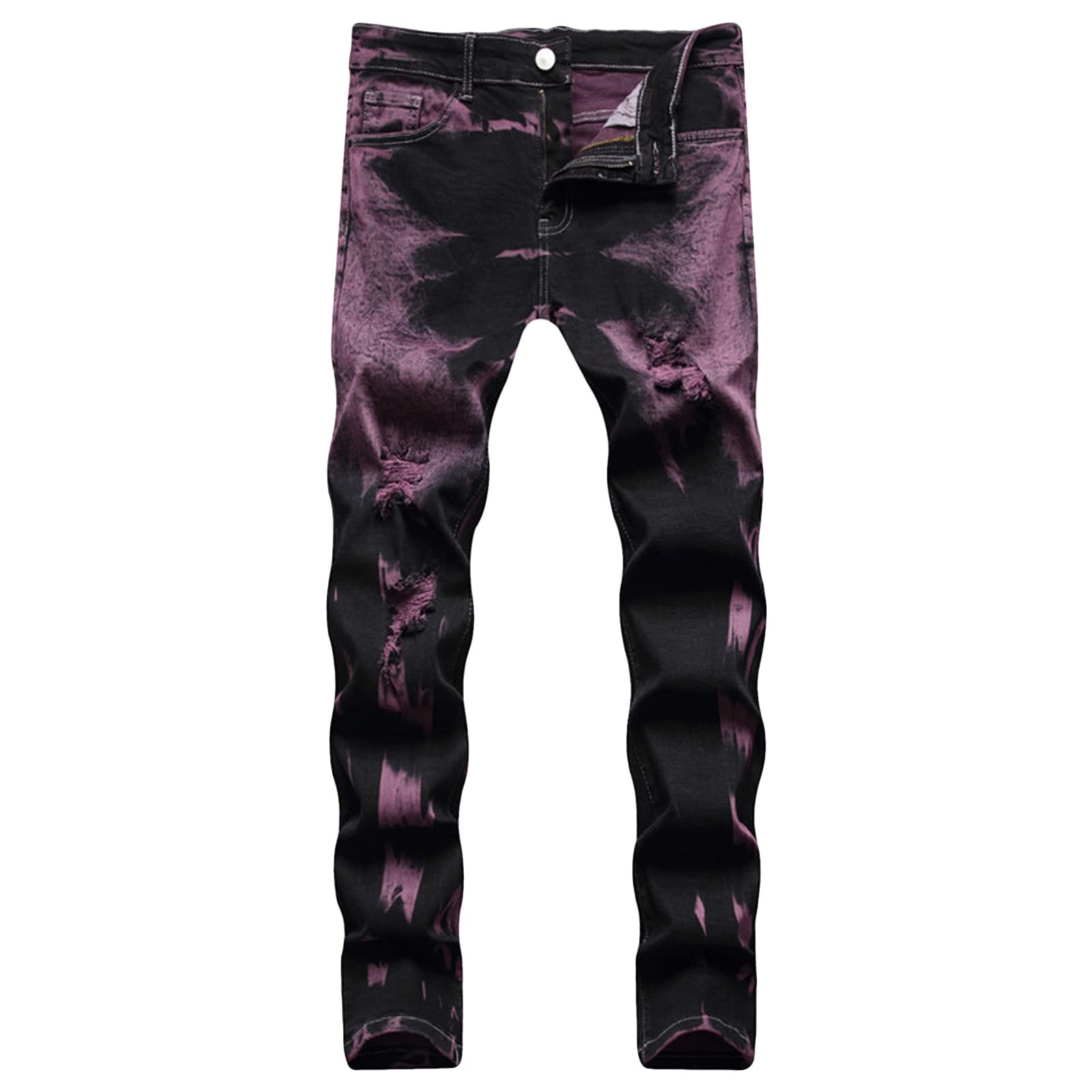 Men's Retro Ripped Slim Jeans Regular Fit Destroyed Distressed Jean Vintage Straight Stretch Printed Denim Pants (Purple,28)