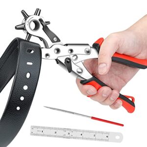 airaj pro belt hole puncher for leather,6 multi-hole sizes revolving punch plier kit for watch bands, straps, dog collars, saddles, shoes, fabric, diy home or craft projects, heavy duty rotary puncher