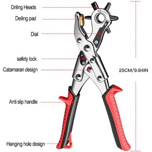 AIRAJ Pro Belt Hole Puncher for Leather,6 Multi-Hole Sizes Revolving Punch Plier Kit for Watch Bands, Straps, Dog Collars, Saddles, Shoes, Fabric, DIY Home or Craft Projects, Heavy Duty Rotary Puncher