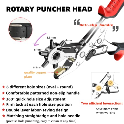 AIRAJ Pro Belt Hole Puncher for Leather,6 Multi-Hole Sizes Revolving Punch Plier Kit for Watch Bands, Straps, Dog Collars, Saddles, Shoes, Fabric, DIY Home or Craft Projects, Heavy Duty Rotary Puncher