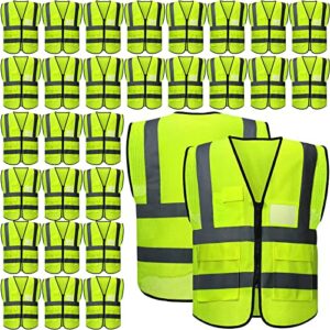 30 pack high visibility safety vests with pockets and zipper mesh reflective construction vest for men women, breathable neon working vest for traffic work outdoor running cycling at night