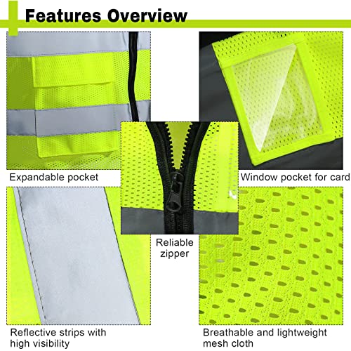 30 Pack High Visibility Safety Vests with Pockets and Zipper Mesh Reflective Construction Vest for Men Women, Breathable Neon Working Vest for Traffic Work Outdoor Running Cycling at Night