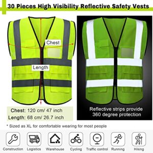 30 Pack High Visibility Safety Vests with Pockets and Zipper Mesh Reflective Construction Vest for Men Women, Breathable Neon Working Vest for Traffic Work Outdoor Running Cycling at Night