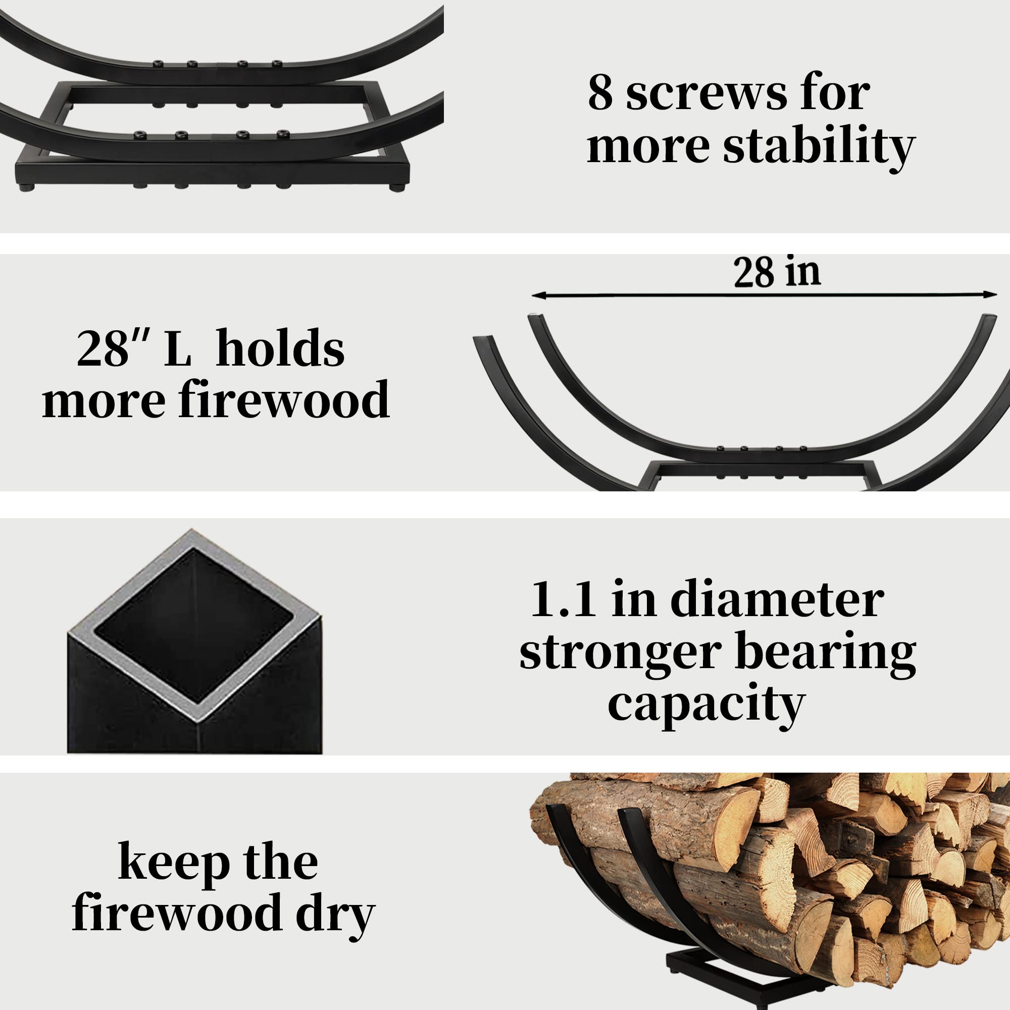 Curved Firewood Rack Firewood Holder: Heavy Duty Curved Wood Rack Outdoor - Fireplace Black Wood Log Storage Rack 22Inch