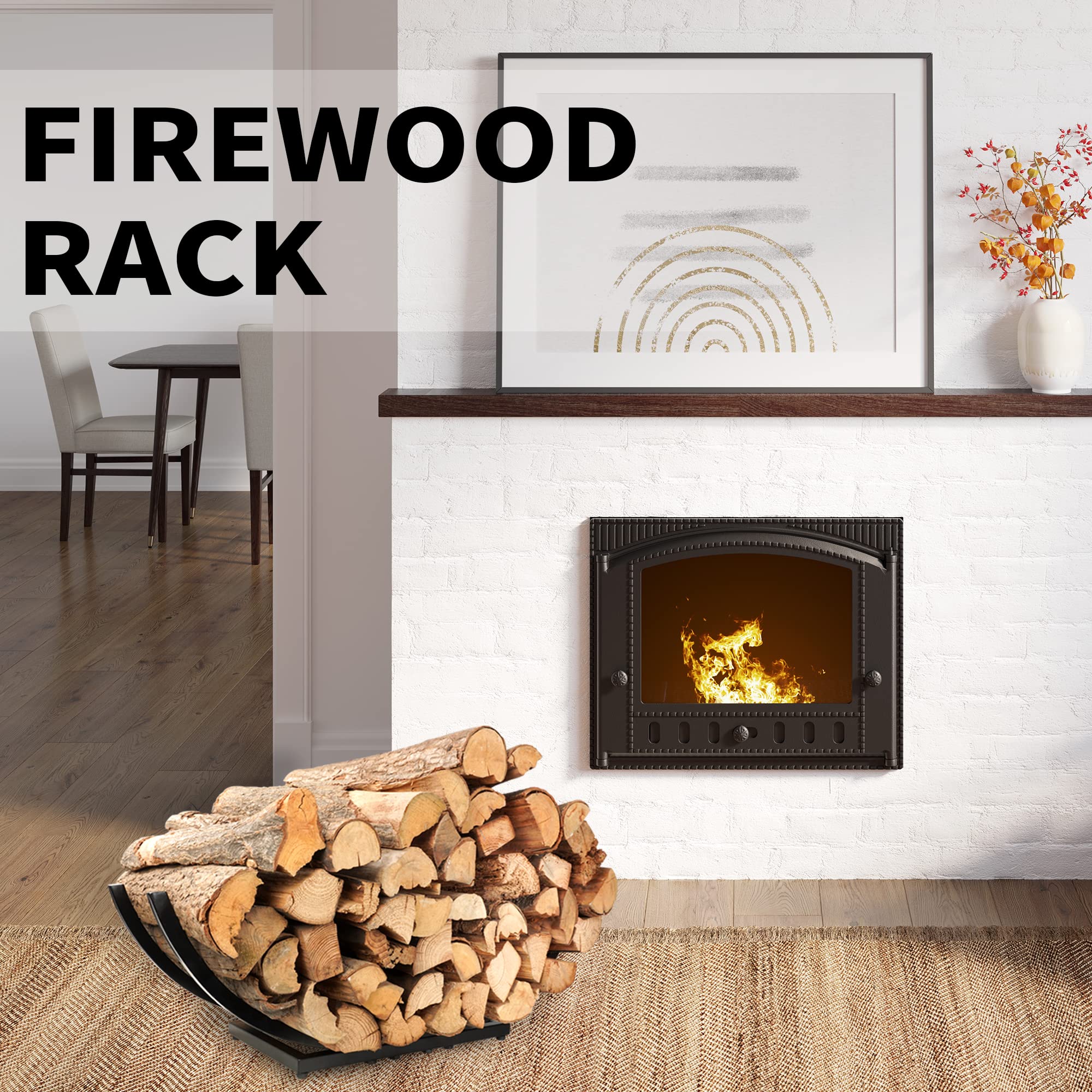 Curved Firewood Rack Firewood Holder: Heavy Duty Curved Wood Rack Outdoor - Fireplace Black Wood Log Storage Rack 22Inch