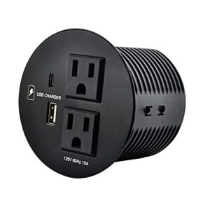 black tabletop power grommet with 2 ac power outlets + 1 usb-a charger + 1 usb-c charger and 10 ft power cord