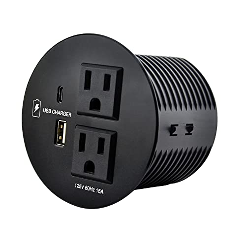 Black Tabletop Power Grommet with 2 AC Power Outlets + 1 USB-A Charger + 1 USB-C Charger and 10 FT Power Cord