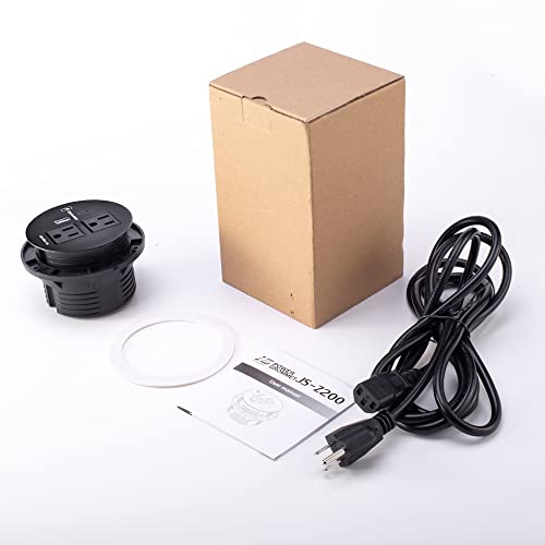 Black Tabletop Power Grommet with 2 AC Power Outlets + 1 USB-A Charger + 1 USB-C Charger and 10 FT Power Cord