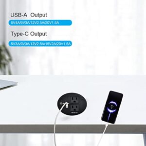 Black Tabletop Power Grommet with 2 AC Power Outlets + 1 USB-A Charger + 1 USB-C Charger and 10 FT Power Cord