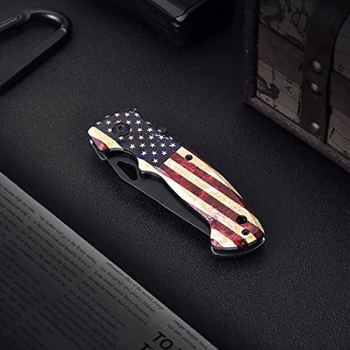 Viwki Pocket Folding Knife with 3.34" Blade for Hunting Outdoor Tactical Survival and EDC,Handle w/Embossed Flag, Liner Lock, Flipper Open,Deep Carry Pocketclip