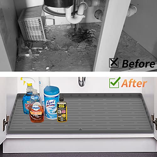 Under Sink Mat for Kitchen Waterproof 34" X 22" Silicone Under Sink Liner with Drain Hole Hold up to 3.3 Gallons Liquid Kitchen Bathroom Cabinet Mat