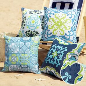 phantoscope set of 4 outdoor waterproof throw pillow covers,geometric, decorative boho farmhouse outdoor pillows cushion case for home patio furnitures tent sunbrella, blue and green 18x18 inches