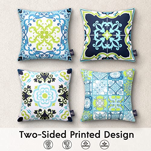 Phantoscope Set of 4 Outdoor Waterproof Throw Pillow Covers,Geometric, Decorative Boho Farmhouse Outdoor Pillows Cushion Case for Home Patio Furnitures Tent Sunbrella, Blue and Green 18x18 Inches