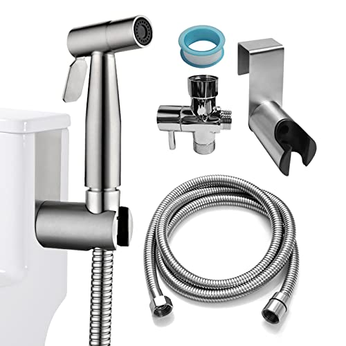 Ikaufen Handheld Bidet Sprayer for Toilet Adjustable Water Pressure Control Bidet Hose Attachment for Bathroom Shower Spray Stainless Steel Cloth Diaper Sprayer Kit…