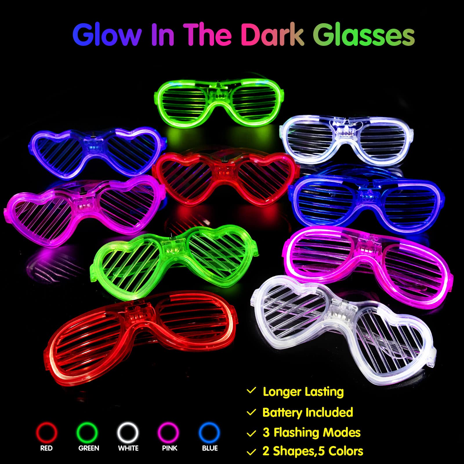 30 Pack LED Light Up Glasses - 5 Colors 2 Shapes Neon Glasses Glow in The Dark Party Supplies,Glow Party Favors for Kids Adults