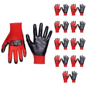 gh heavy duty nitrile reusable work gloves, all purpose work gloves with cut resistant palm, gloves for tasks needing hand protection, 10-pack (red), large