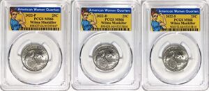 2022 p,d,s american women quarter wilma mankiller quarter ms 66 rosie label 3 coin set pcgs